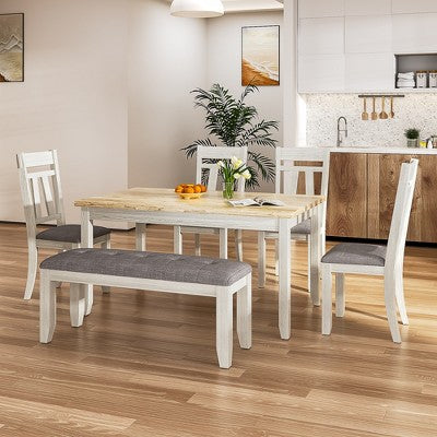 VECELO 6-Piece Wooden Dining Table Set, Dining Table with 4 Armless Upholstered Dining Chairs & Bench for Kitchen, Rubber Wood Legs, Gray