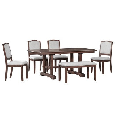 Farmhouse Extendable Dining Table Set for 6, 7 Pieces Wood Expanding Kitchen Table Set with 6 Upholstered Chairs
