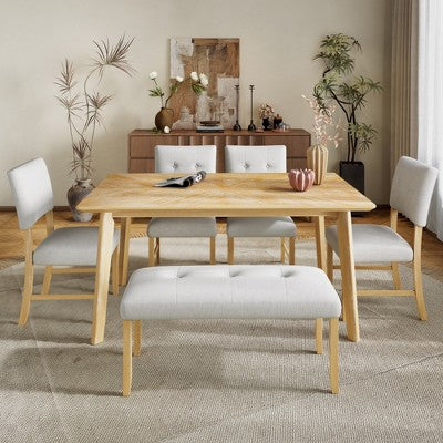 6 Piece Wood Dining Room Table Set, Dining Room Rectangular Table with 4 Upholstered Chairs and Bench