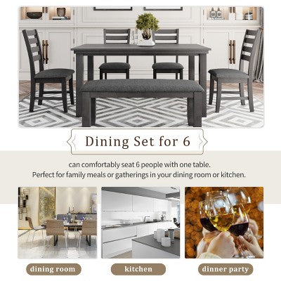 Farmhouse Kitchen Dining Table Set for 6, Wood Rectangle Table and 4 Upholstered Chairs & Bench