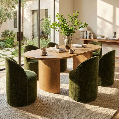 Dining Table Set for 6, Oval 79 Table and Chenille Fabric Armless Barrel Chairs with Casters, Perfect for Kitchens-Panipeachy
