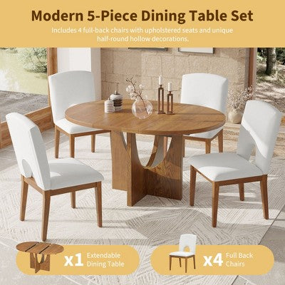 5 Pieces Extendable Round Dining Table Set for 4, Modern Kitchen Dining Table with Removable Leaf and 4 Upholstered Chairs for Dining Room