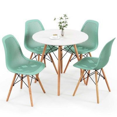 Costway 5 PCS Dining Table Set for 4 Persons Modern Round Table & 4 Chairs with Wood Leg Green/White