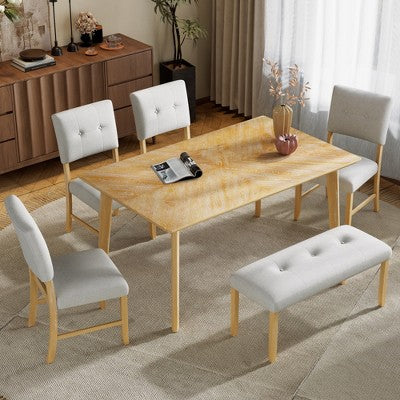 6 Piece Wood Dining Room Table Set, Dining Room Rectangular Table with 4 Upholstered Chairs and Bench