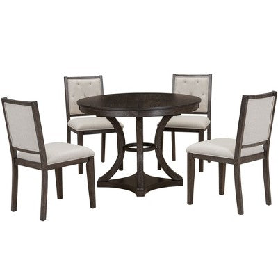 Merax Stylish 5-Piece Retro Dining Set with Extendable Round Table & 4 Upholstered Chairs