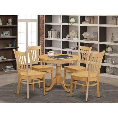 HomeStock 5-Pc Round Natural Oak Finish Solid Wood Top Dining table with 4 Chairs