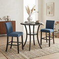 Biony 3-Piece 36 Round Espresso Finish Bar Table with 2 Blue Fabric Nail Head Pub Chairs