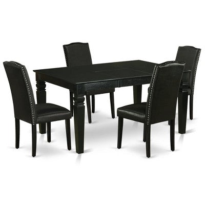 HomeStock Belmont 5Pc Rectangle 42/60 Inch Kitchen Table With 18 In Self Storing Butterfly Leaf And Four Parson Chair With Black Leg