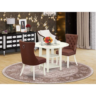 HomeStock 3-Pc Linen White Finish Round Solid Wood Top With Dropleaf Dining Table Set
