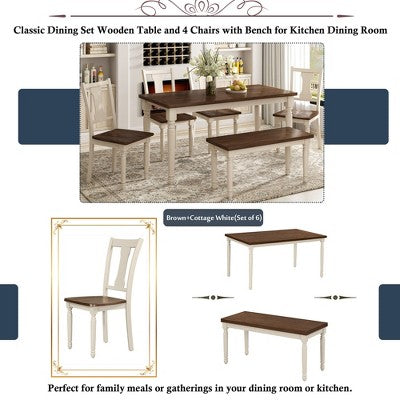 6-Piece Retro Dining Set with 1 Wooden Dining Table, 4 Chairs and 1 Bench, Brown+White - ModernLuxe