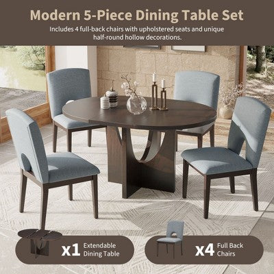 5 Pieces Extendable Round Dining Table Set for 4, Modern Kitchen Dining Table with Removable Leaf and 4 Upholstered Chairs for Dining Room