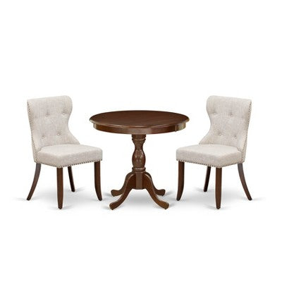 HomeStock Belmont 3 Piece Dining Table Set 1 Kitchen Table and 2 Doeskin Linen Fabric Kitchen Chair Button Tufted Back , Nail Heads - Mahogany Finish