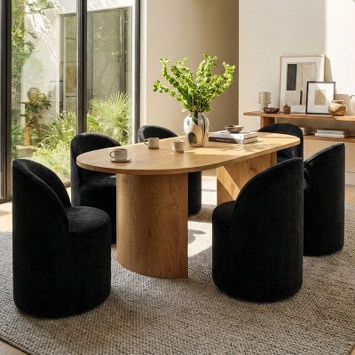 Dining Table Set for 6, Oval 79 Table and Chenille Fabric Armless Barrel Chairs with Casters, Perfect for Kitchens-Panipeachy