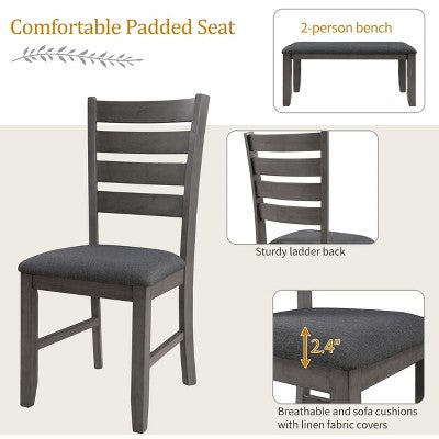 Farmhouse Kitchen Dining Table Set for 6, Wood Rectangle Table and 4 Upholstered Chairs & Bench