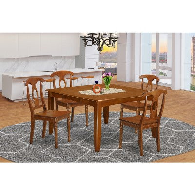 HomeStock 5-Piece Square Saddle Brown Finish Solid Wood Top Dining Table with 4 Chairs