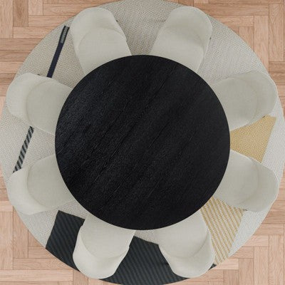 PexFix 60 Modern Round Dining Table Set with 8 Upholstered Chairs Black Textured Wood Top Pleated Pedestal Base Beige Seats for Kitchen Dining Room