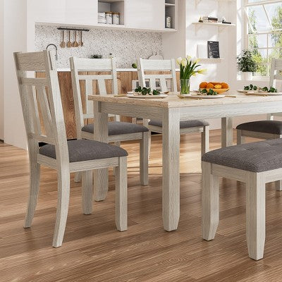 VECELO 6-Piece Wooden Dining Table Set, Dining Table with 4 Armless Upholstered Dining Chairs & Bench for Kitchen, Rubber Wood Legs, Gray