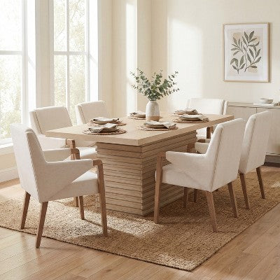 Christopher Knight Home Selena 7 Piece Mid-Century Modern Upholstered Dining Chairs with Rectangle Table