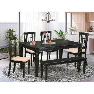 HomeStock 6-Piece Rectangle Black Finish Solid Wood Top dining Table with 1 Bench and 4 Chairs