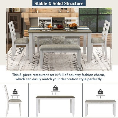 6 PCS Rustic Wood Dining Table Set, Rectangular Table with 4 Chairs & Bench-ModernLuxe