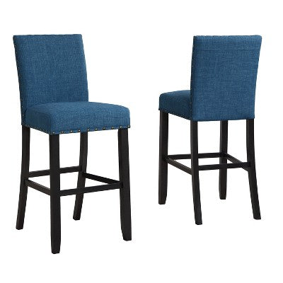 Biony 3-Piece 36 Round Espresso Finish Bar Table with 2 Blue Fabric Nail Head Pub Chairs