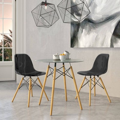 LeisureMod Dover 3-Piece Dining Set  31 Round Clear Glass Bistro Table with 2 Acrylic Chairs with Wooden Dowel Legs, Modern Kitchen, Dining Room