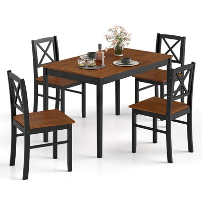 Costway 5 Piece Dining Table Set for 4 People with Rubber Wood Legs, Cross Backrest