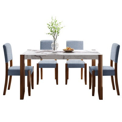 5-Piece Dining Table Set with 46-Inch Faux Marble Table and 4 Upholstered Chairs, Rubberwood Legs, for Dinette