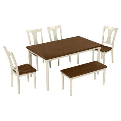 6-Piece Retro Dining Set with 1 Wooden Dining Table, 4 Chairs and 1 Bench, Brown+White - ModernLuxe