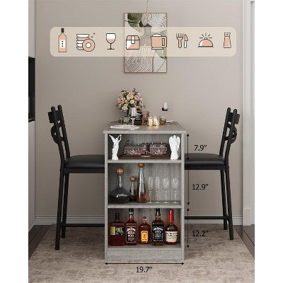 3 Piece Bar Table Set for 2, Bar Table and Chairs Set with with Flip Top Extension, Dining Table Set with Storage Shelves, Suitable for Small Space