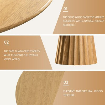 PexFix 60 Modern Round Dining Table Set with 8 Upholstered Chairs Natural Textured Wood Top Pleated Pedestal Base Beige Seats for Kitchen Dining Room
