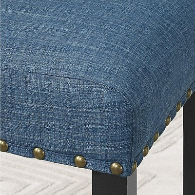 Biony 3-Piece 36 Round Espresso Finish Bar Table with 2 Blue Fabric Nail Head Pub Chairs