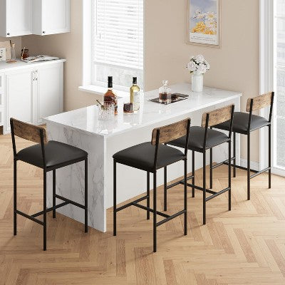 Bar Stools Set of 6, Kitchen Bar Stools with Footrest, Upholstered Bar Chairs with Back, Counter Height Barstools for Counter Bar, Easy Assembly