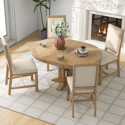 5-Piece Dining Set with Extendable Round Table and 4 Upholstered Chairs - ModernLuxe