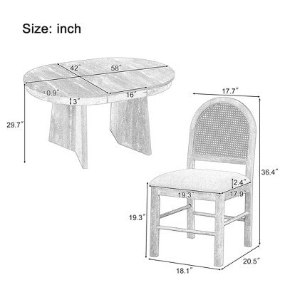 GDFStudio Harper 5 Piece Dining Set with Extendable Table and Upholstered Rattan-Back Chairs