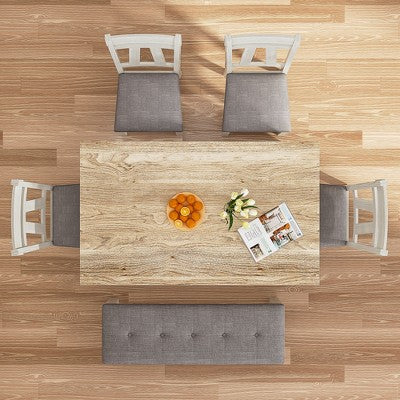 VECELO 6-Piece Wooden Dining Table Set, Dining Table with 4 Armless Upholstered Dining Chairs & Bench for Kitchen, Rubber Wood Legs, Gray