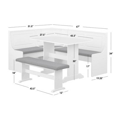 Buylateral 3pc Polly Farmhouse Upholstered Solid Wood Breakfast Nook Dining Set