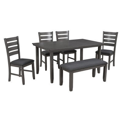 Farmhouse Kitchen Dining Table Set for 6, Wood Rectangle Table and 4 Upholstered Chairs & Bench