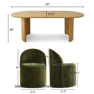 Dining Table Set for 6, Oval 79 Table and Chenille Fabric Armless Barrel Chairs with Casters, Perfect for Kitchens-Panipeachy