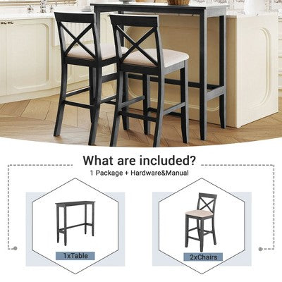 3-Piece Farmhouse Bar Height Dining Table Set Kitchen Breakfast Nook Counter Height Dining Set Small Dinette with 2 Cushioned Chairs-HABITRIO