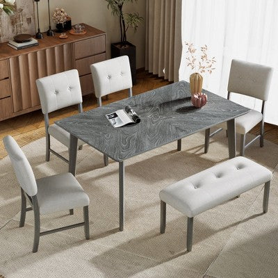 6 Piece Wood Dining Room Table Set, Dining Room Rectangular Table with 4 Upholstered Chairs and Bench