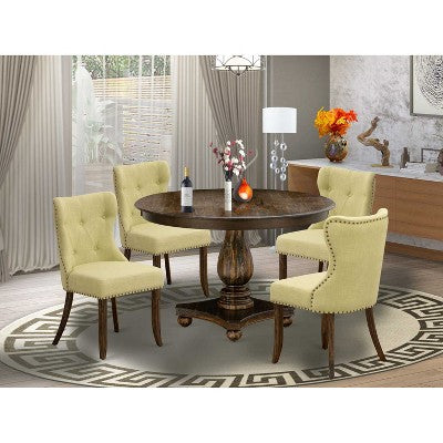 HomeStock 5-Piece Distressed Jacobean Finish Solid Wood Top Dining Table with 4 Parson Chair