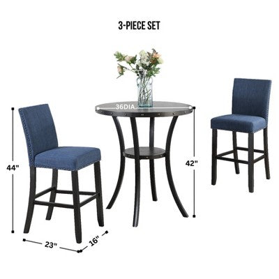 Biony 3-Piece 36 Round Espresso Finish Bar Table with 2 Blue Fabric Nail Head Pub Chairs