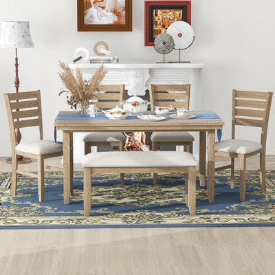 Farmhouse Kitchen Dining Table Set for 6, Wood Rectangle Table and 4 Upholstered Chairs & Bench