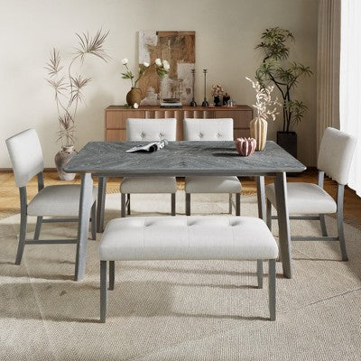6 Piece Wood Dining Room Table Set, Dining Room Rectangular Table with 4 Upholstered Chairs and Bench