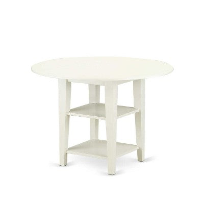HomeStock 3-Pc Linen White Finish Round Solid Wood Top with Dropleaf Dining Table Set