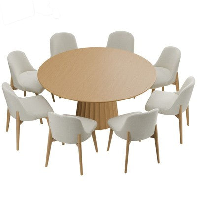PexFix 60 Modern Round Dining Table Set with 8 Upholstered Chairs Natural Textured Wood Top Pleated Pedestal Base Beige Seats for Kitchen Dining Room