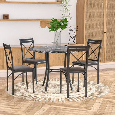 VECELO 5-Piece Dining Table Set for 4, Faux Marble Dinette with 4 Chairs for Kitchen, Small Space, Black/White