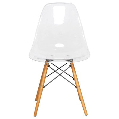 LeisureMod Dover 3-Piece Dining Set  31 Round Clear Glass Bistro Table with 2 Acrylic Chairs with Wooden Dowel Legs, Modern Kitchen, Dining Room