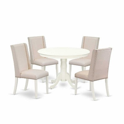 HomeStock 5-Piece Linen White Finish Solid Wood Top Dining Table with 4 Parson Chair